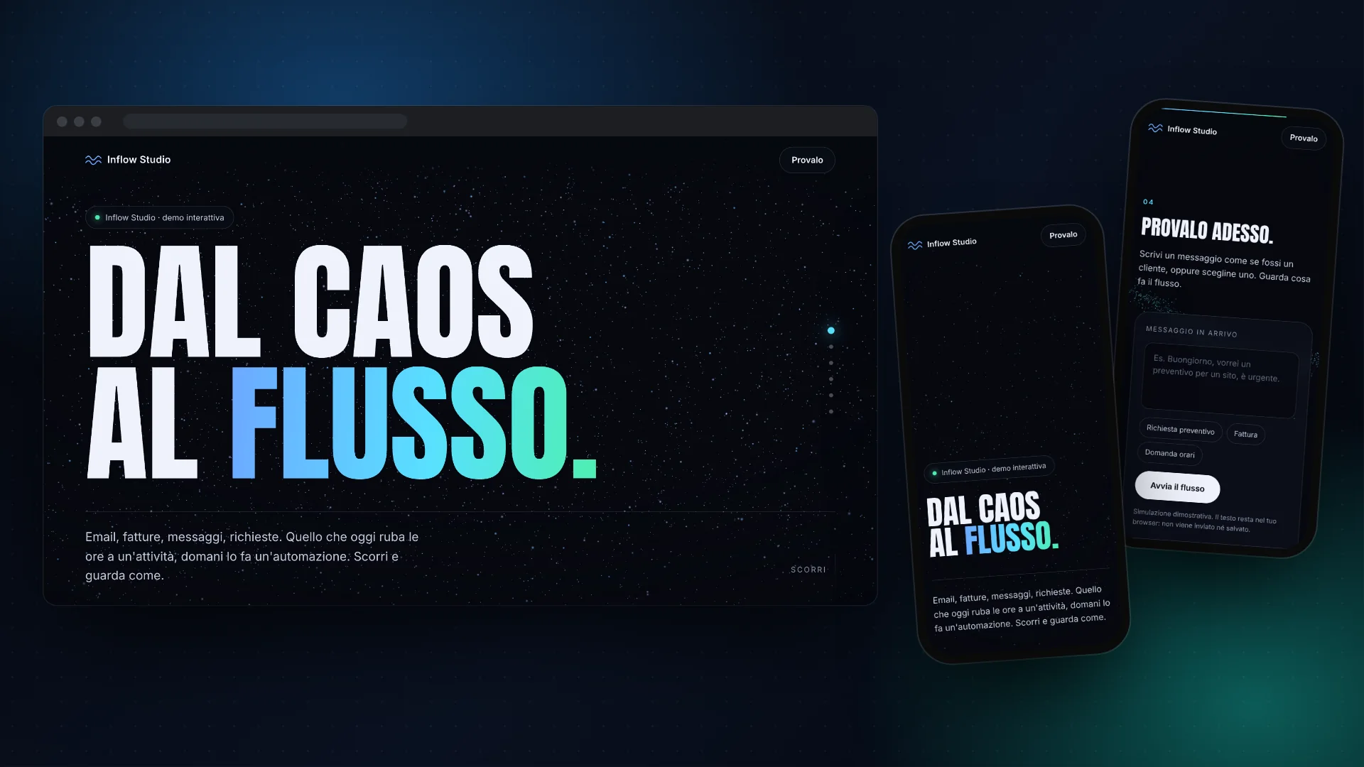 Sito dimostrativo Dal caos al flusso su computer e telefono: il titolo a caratteri grandi su un campo di particelle e la demo Provalo adesso
