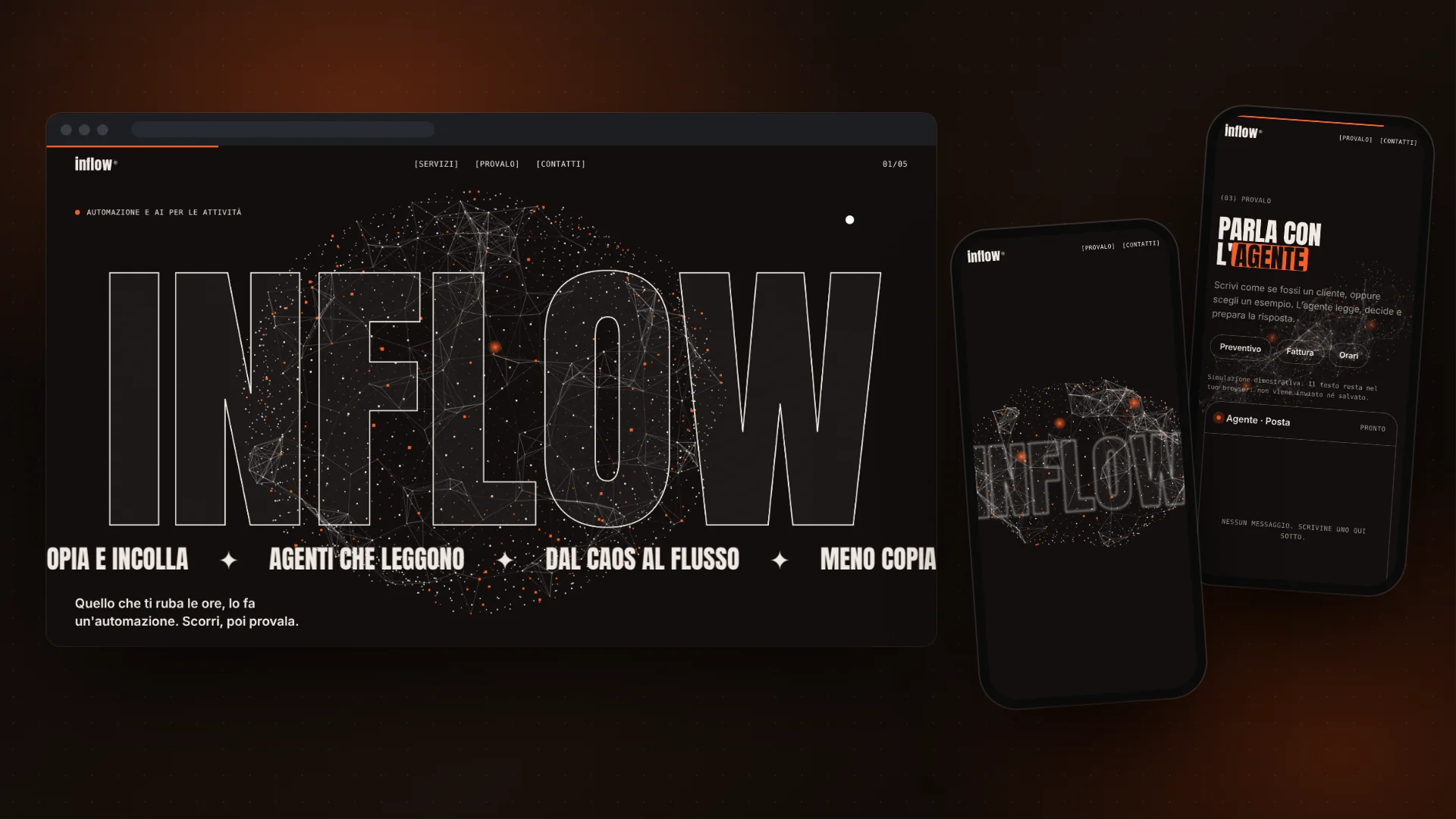 Sito dimostrativo Automazioni e AI che lavorano per te su computer e telefono: la scritta INFLOW sopra una rete di particelle 3D e la demo Parla con l'agente
