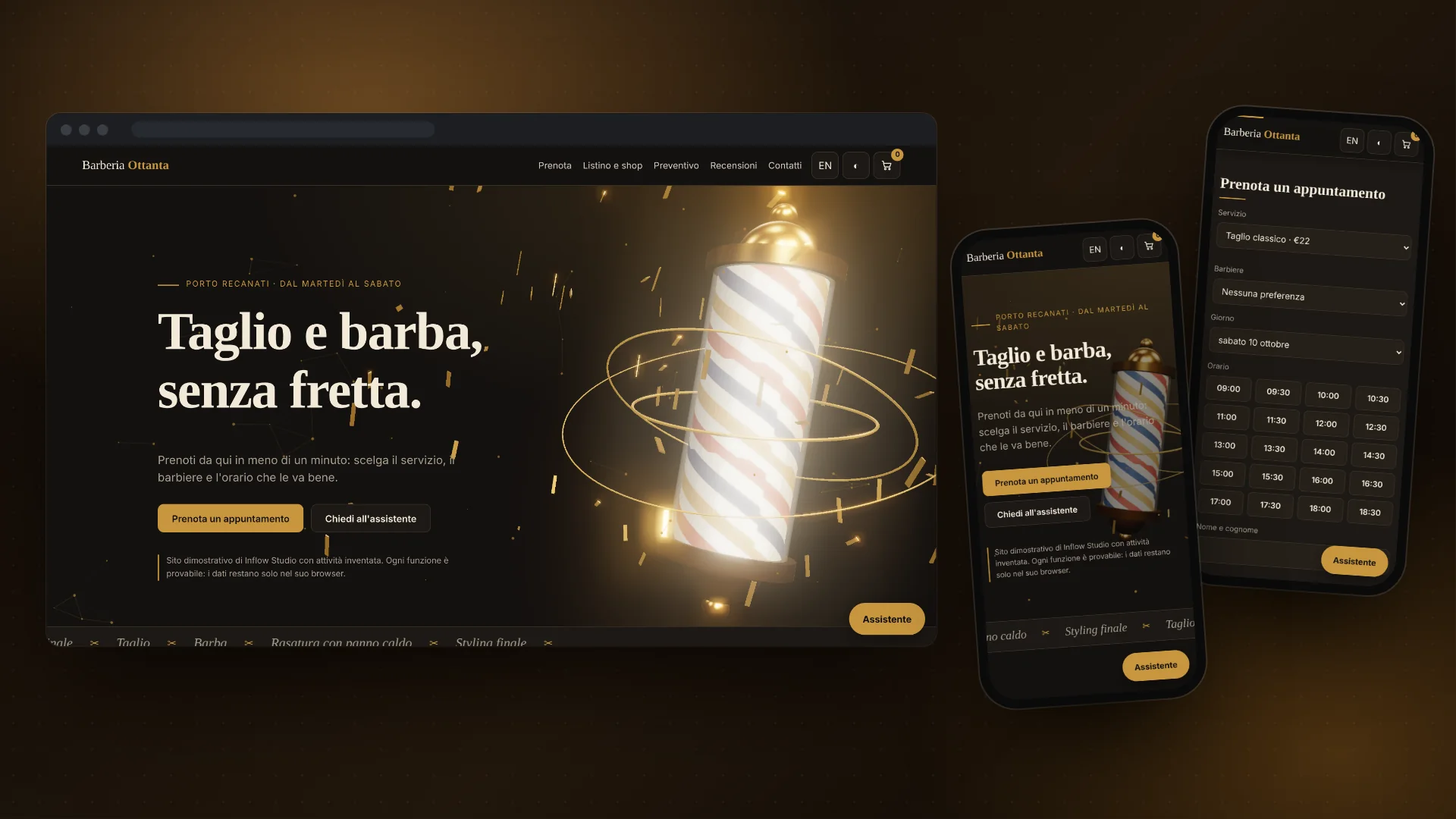 Sito dimostrativo Barberia Ottanta su computer e telefono: la home scura con il palo da barbiere in 3D e la prenotazione con gli orari liberi